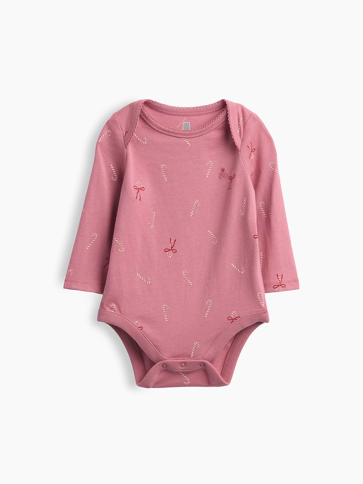 Image 1 of 2, From baby’s first outfit to all their first moments. Our favorite tiny essentials in supersoft, organically grown cotton., Soft cotton jersey bodysuit., Crewneck with lapped shoulders for easy over-the-head., Long sleeves., Allover print., Snaps at inseam for easy dressing and diapering., Made with 100% organically grown cotton which is grown without the use of synthetic pesticides and fertilizers., This product was made in a factory that invests in gender equity and women’s empowerment through RISE. Learn more at gapinc.com/equity ., Product #1186043