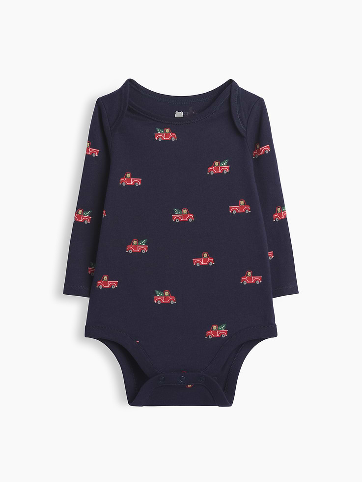Image 1 of 2, From baby’s first outfit to all their first moments. Our favorite tiny essentials in supersoft, organically grown cotton., Soft cotton jersey bodysuit., Crewneck with lapped shoulders for easy over-the-head., Long sleeves., Allover print., Snaps at inseam for easy dressing and diapering., Made with 100% organically grown cotton which is grown without the use of synthetic pesticides and fertilizers., This product was made in a factory that invests in gender equity and women’s empowerment through RISE. Learn more at gapinc.com/equity ., Product #1186043