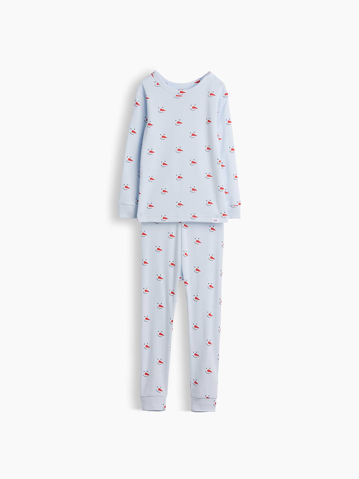 Image 1 of 2, Our comfiest PJs—now softer than ever. Cozy brushed cotton on the inside. All their favorite prints & colors on the outside., Soft organic cotton pajama top and pants PJ set with a cozy brushed interior., Crewneck., Long sleeves., Elasticized waist at PJ pant., Banded cuffs., Allover snowman face print., Made with 100% organically grown cotton, which is grown without the use of synthetic pesticides and fertilizers., This product was made in a factory that invests in gender equity and women’s empowerment through RISE. Learn more at gapinc.com/equity ., Product #1186422