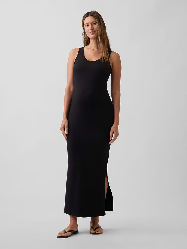 Image 1 of 6, Soft stretch knit maxi maternity dress., Scoopneck., Tank straps., Split hem., Please note: Maternity styles cannot be returned in store. Please enjoy free returns by mail., Product #577182