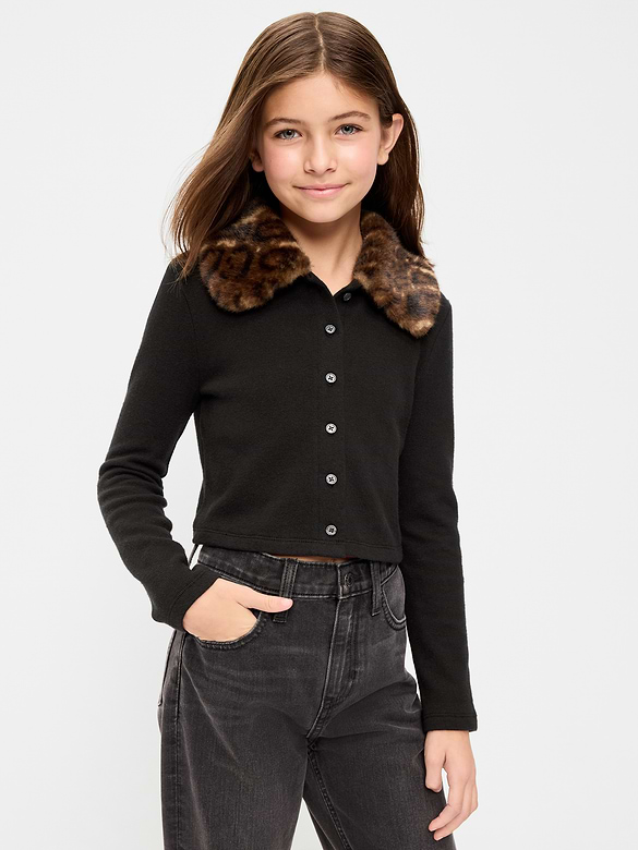 Cardigan court à col en similifourrure pour fille
