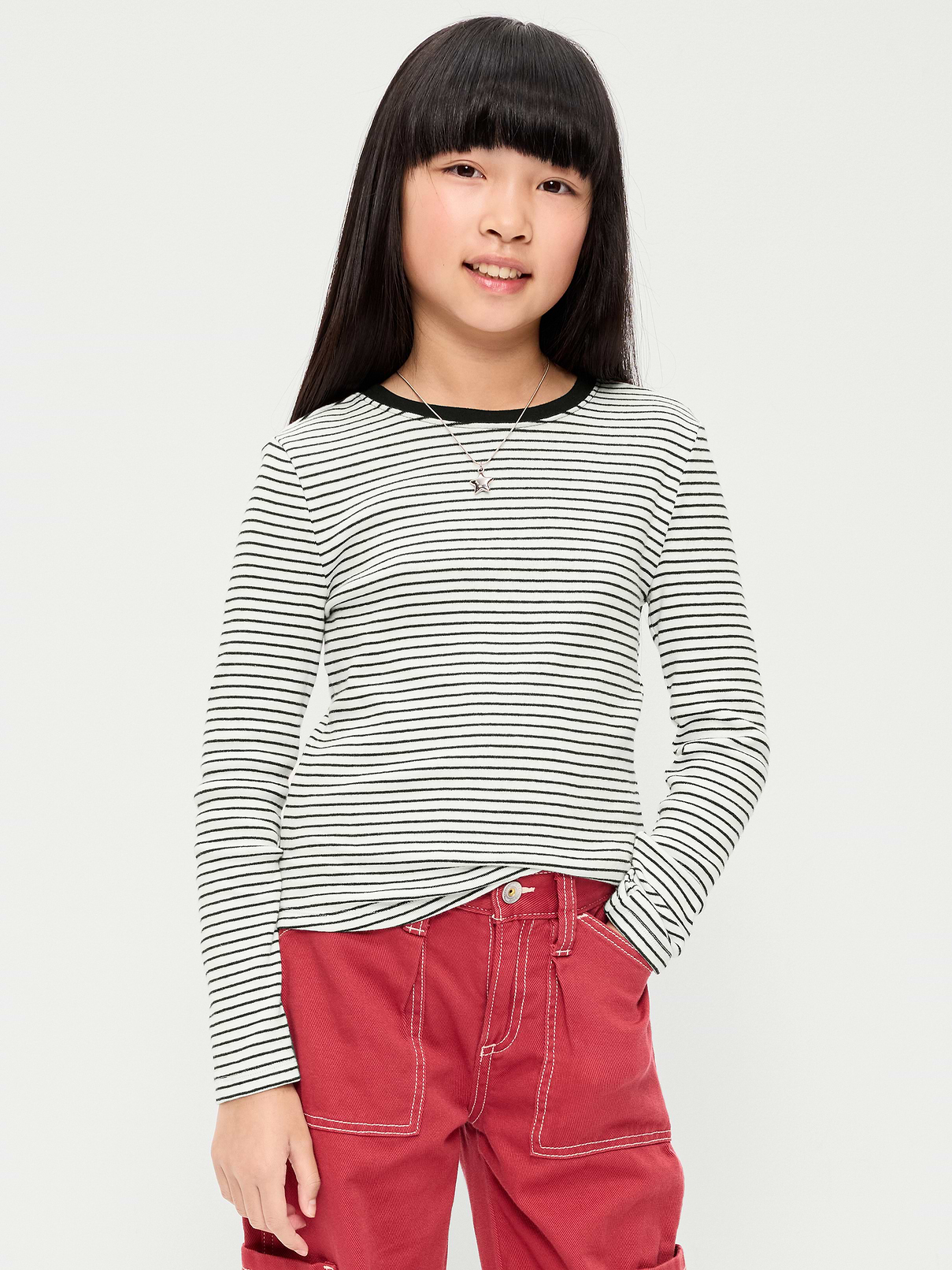 Image 1 of 3, crew neck, long sleeves, tiny decorative bow at neckline, Product #1181553