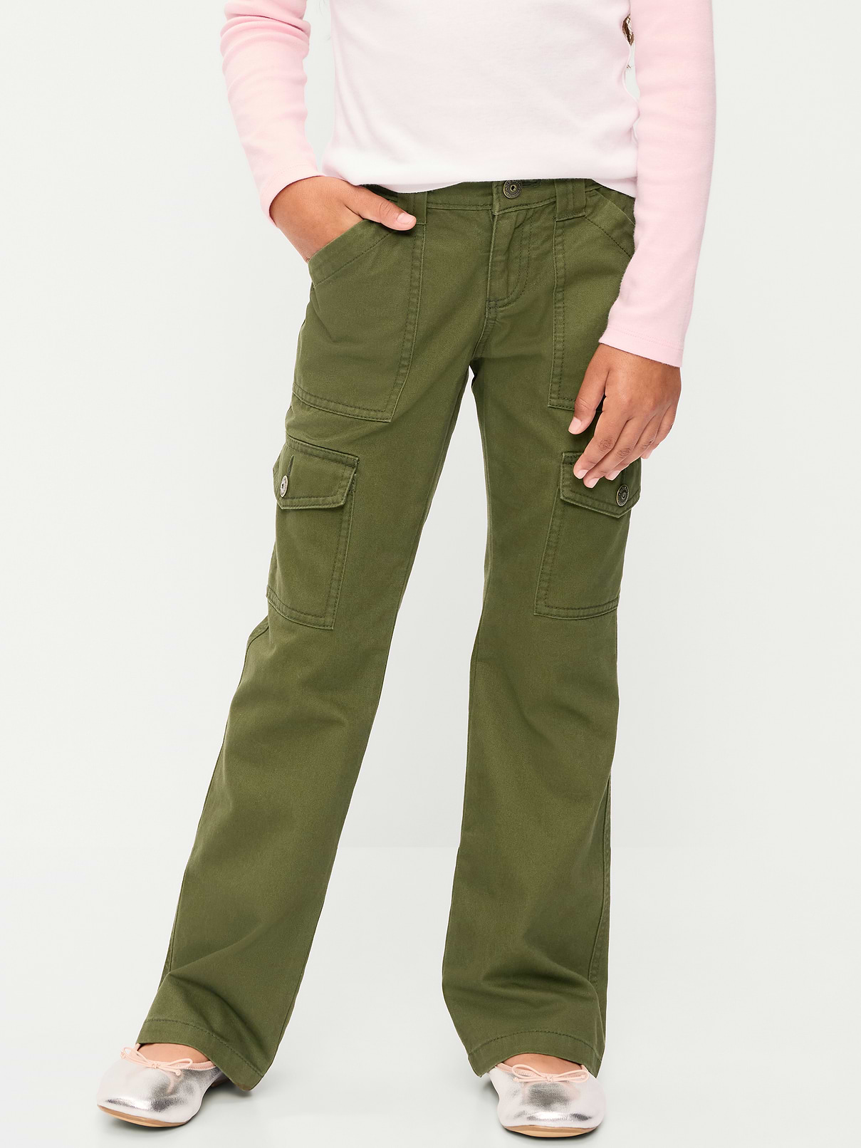 Image 1 of 5, low rise, interior adjustable waistband, sizes 5-8 snap-button closure, sizes 10-20 regular button closure, zip fly, diagonal utility pockets at front, back pockets, utility buttoned flap pockets at each leg, flare leg, Product #1183712