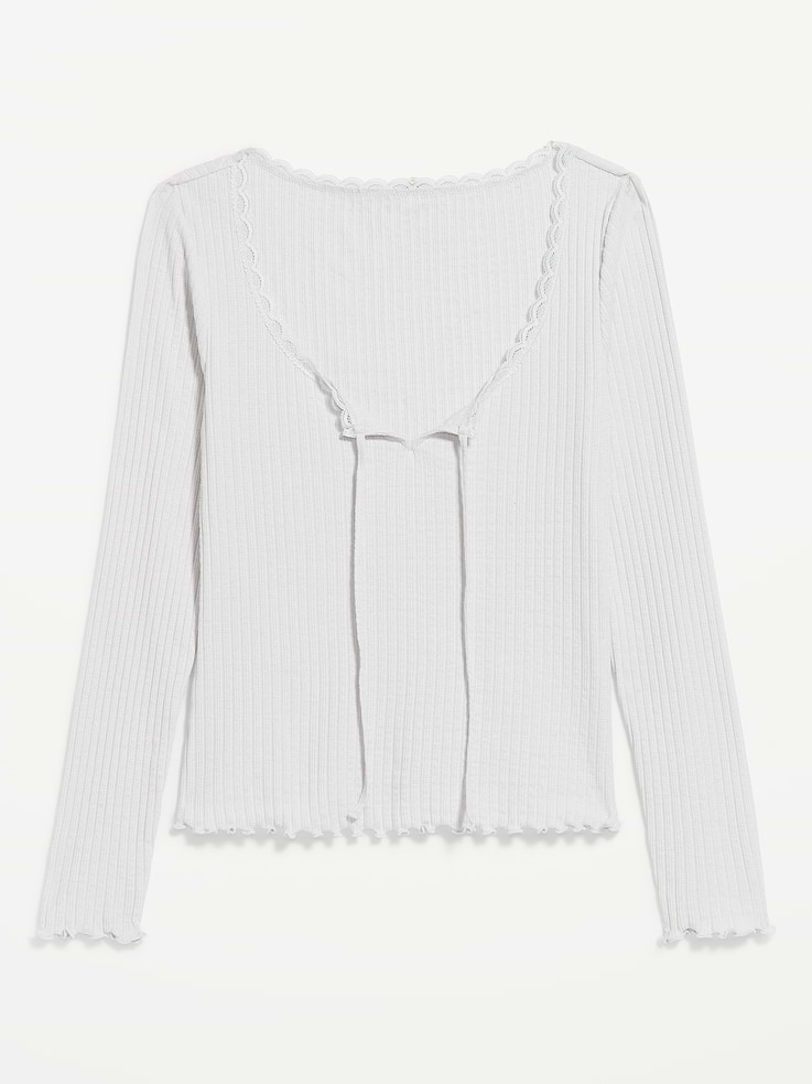 Image 2 of 6, Long-Sleeve Pointelle Knit Lace-Trim Top