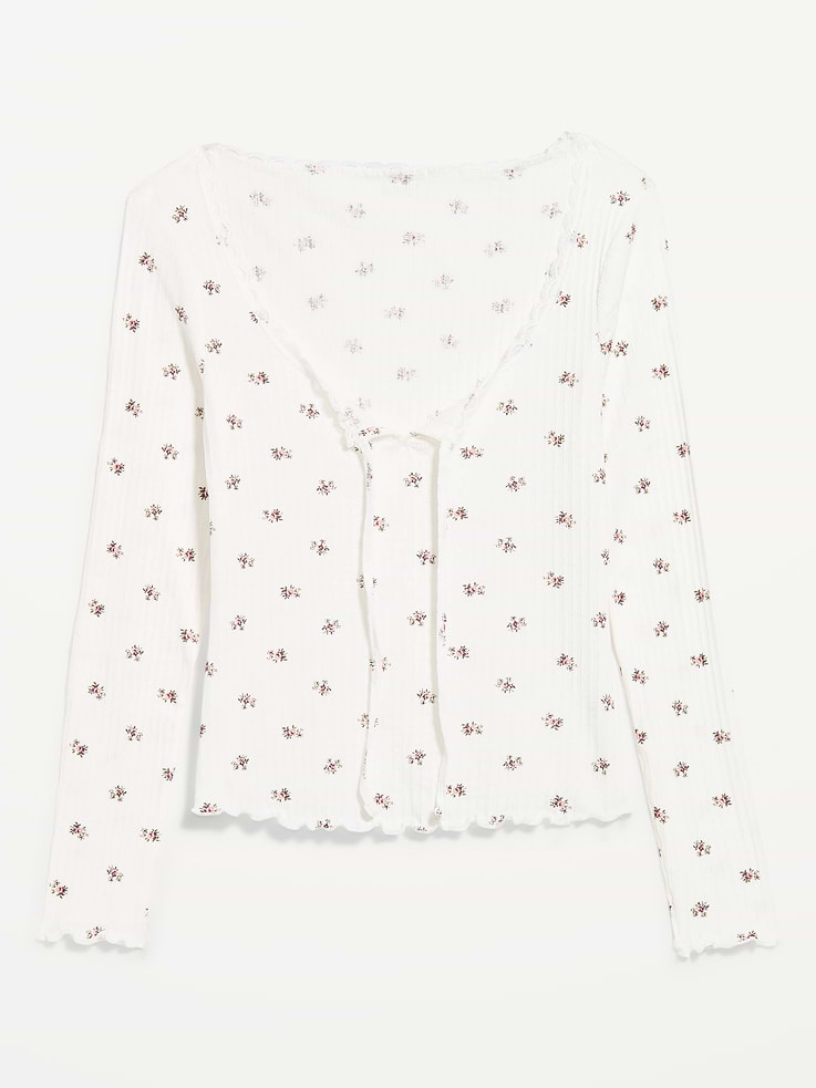 Image 4 of 8, Long-Sleeve Pointelle Knit Lace-Trim Top