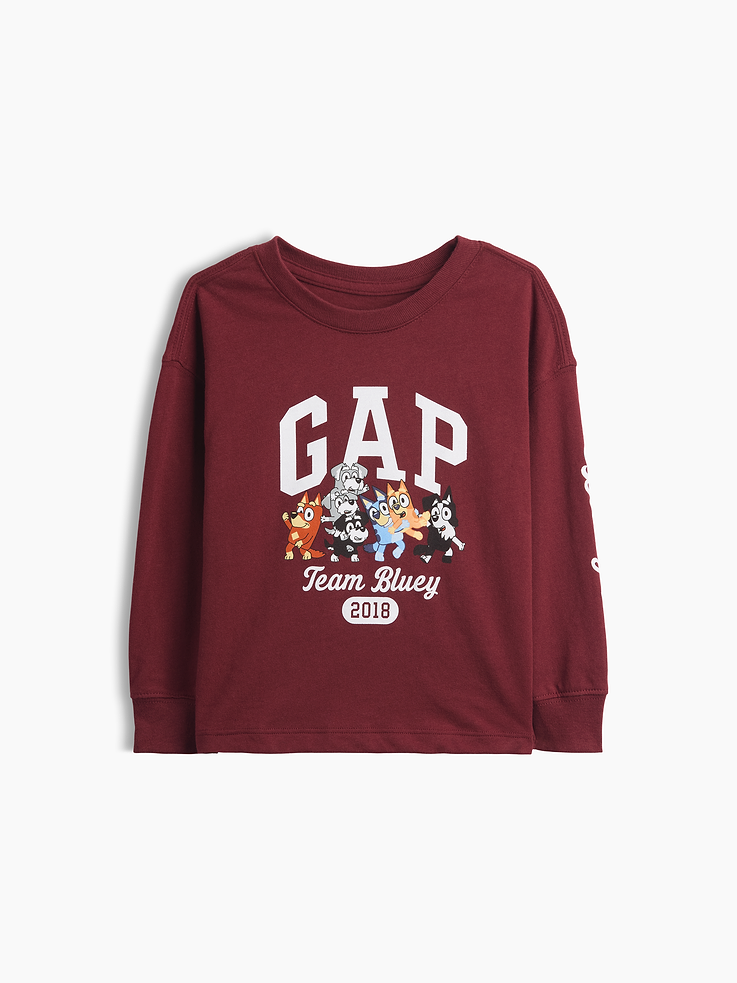 Image 1 of 2, Soft cotton jersey T-shirt., Crewneck., Long sleeves with drop shoulders and banded cuffs., Gap logo with Bluey graphics at front and sleeve., Product #915701