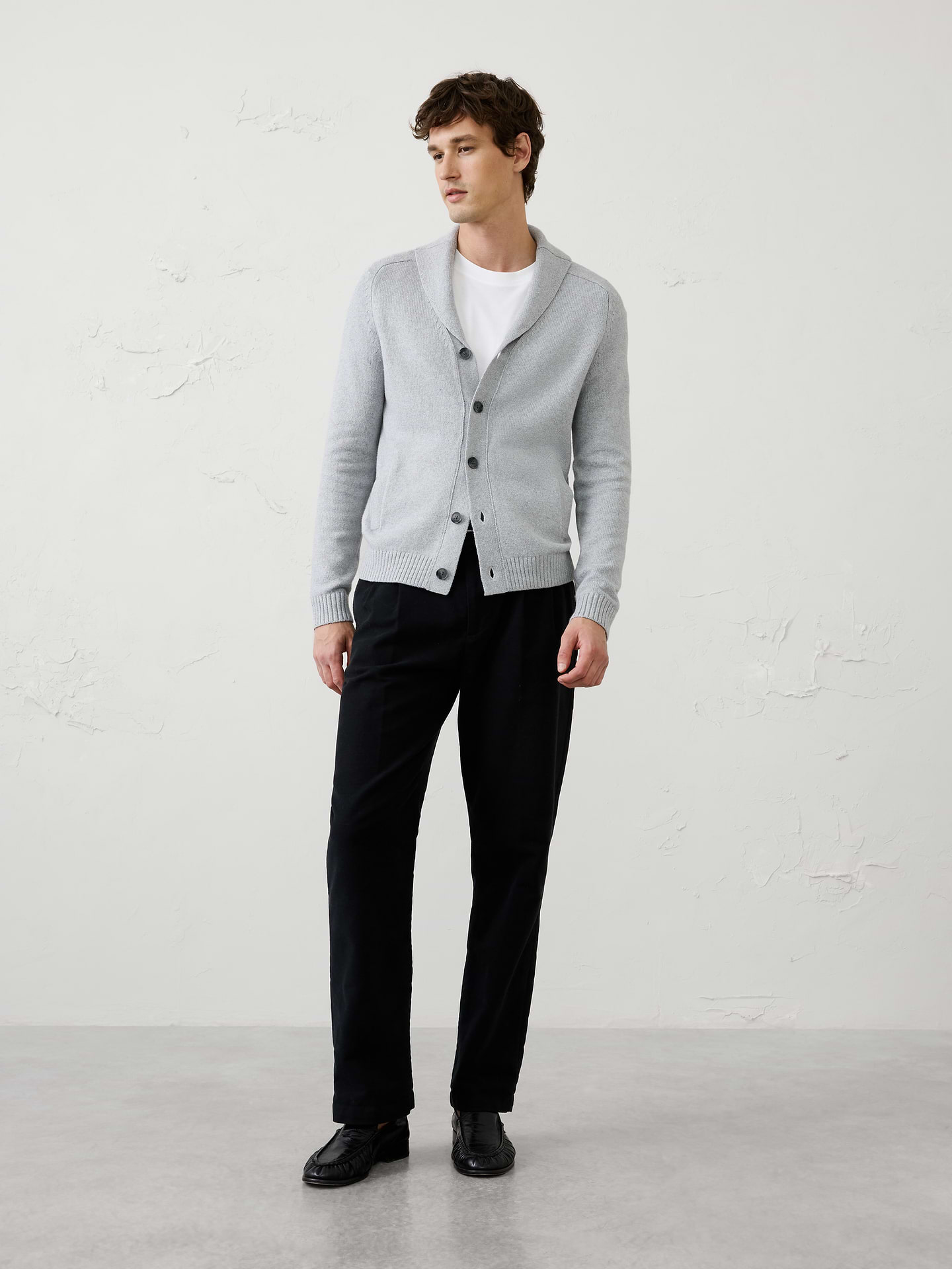 Image 1 of 3, Our lofty yarn gives this shawl‑collar cardigan an incredibly soft, plush feel that's perfect for colder weather. The cozy shawl neckline brings warmth and sophistication, while side‑entry pockets, saddle shoulders, and ribbed trim complete this effortlessly distinguished layering piece., Ribbed shawl collar. Long sleeves., Button‑front closure., Vertical welt front pockets., Ribbed cuffs and hem., Made exclusively for Banana Republic Factory., Product #1175531