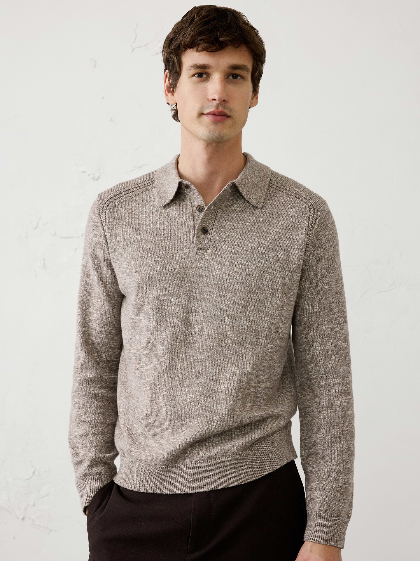 Image 1 of 3, Crafted from our ultra‑soft lofty yarn, this sweater polo combines exceptional comfort with rich texture and dimension for a look that feels elevated and luxurious. Offered in a range of beautiful colors, it’s an easy everyday style that brings effortless polish to both casual and dressed‑up looks., Polo collar. Long sleeves., Button placket., Ribbed collar, arm cuffs and hem., Made exclusively for Banana Republic Factory., Product #1175820
