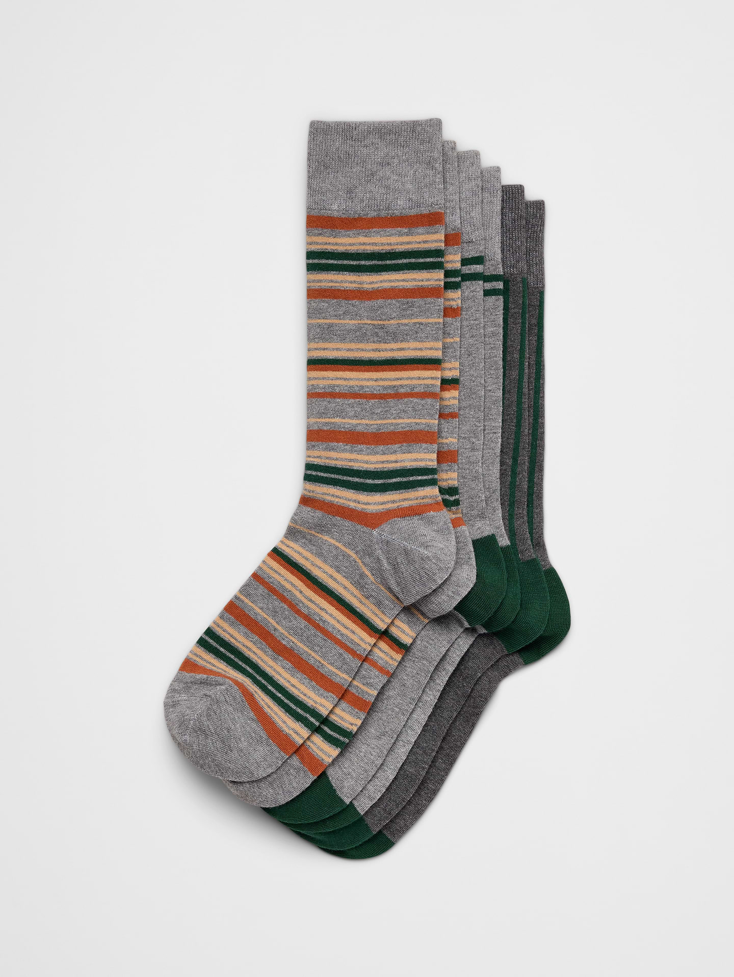 Image 1 of 1, This three‑pack of socks features a mix of green grey designs for easy everyday rotation., A soft breathable sock with rib-knit openings and angled toe seams for a better, more comfortable fit., Made exclusively for Banana Republic Factory., Product #1184489