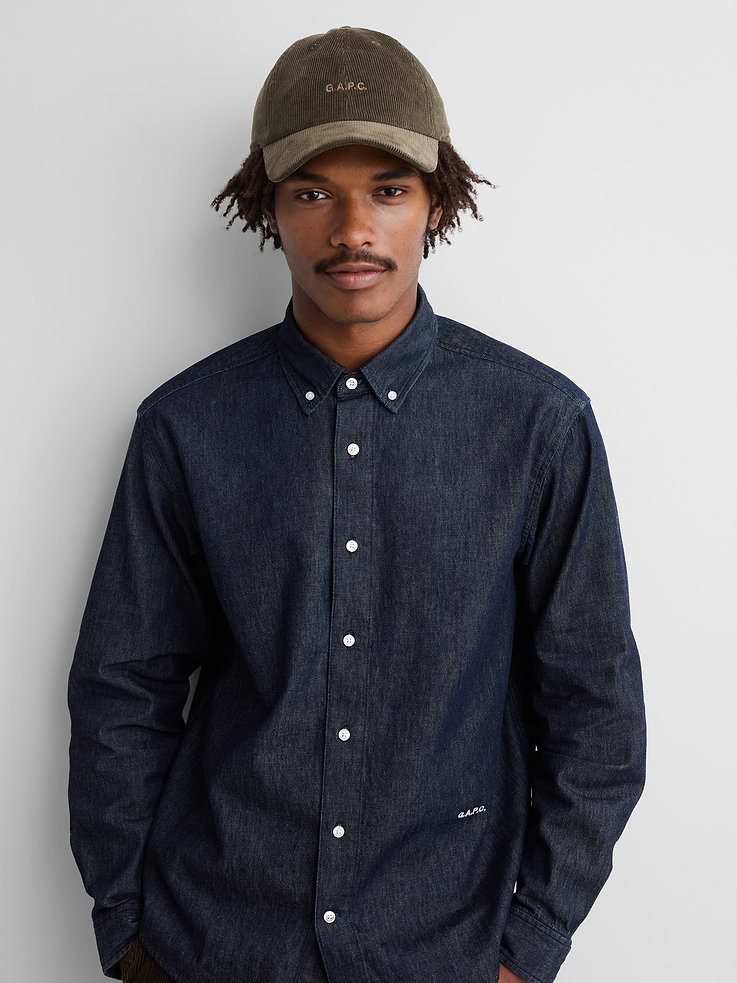 Image 1 of 5, Sturdy, 6-panel ribbed corduroy baseball hat., Stitching at curved brim., Adjustable closure at back., Embroidered Gap x A.P.C. logo at front., Product #1179743