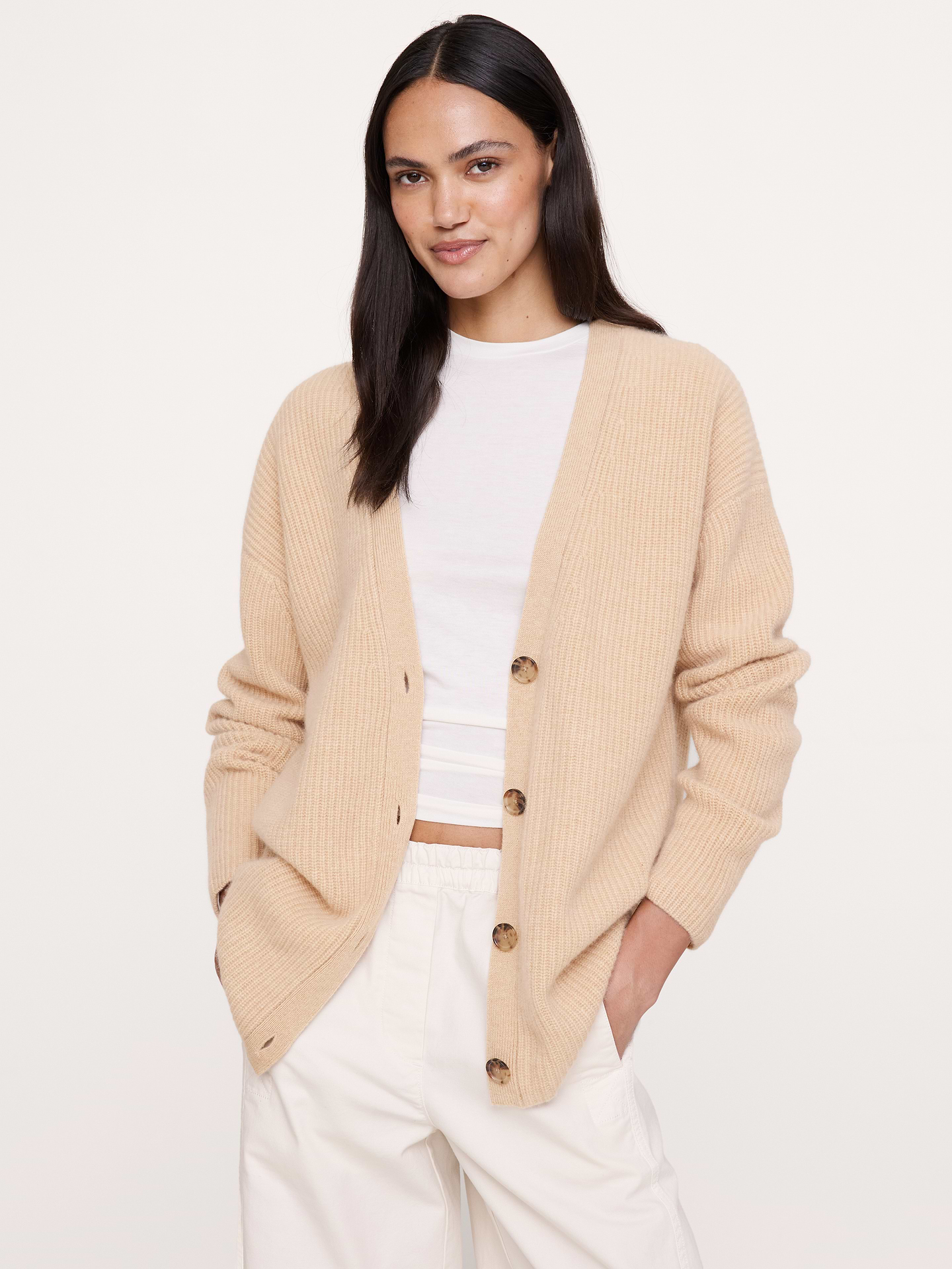 Image 1 of 5, Super soft and roomy, we crafted this loose cardigan sweater from cozy cashmere yarn., Ultra-Oversized Fit: Lots of room through chest, shoulders, and waist. Dropped shoulder seam., V-neck with button front., Straight hem., Product #1180323