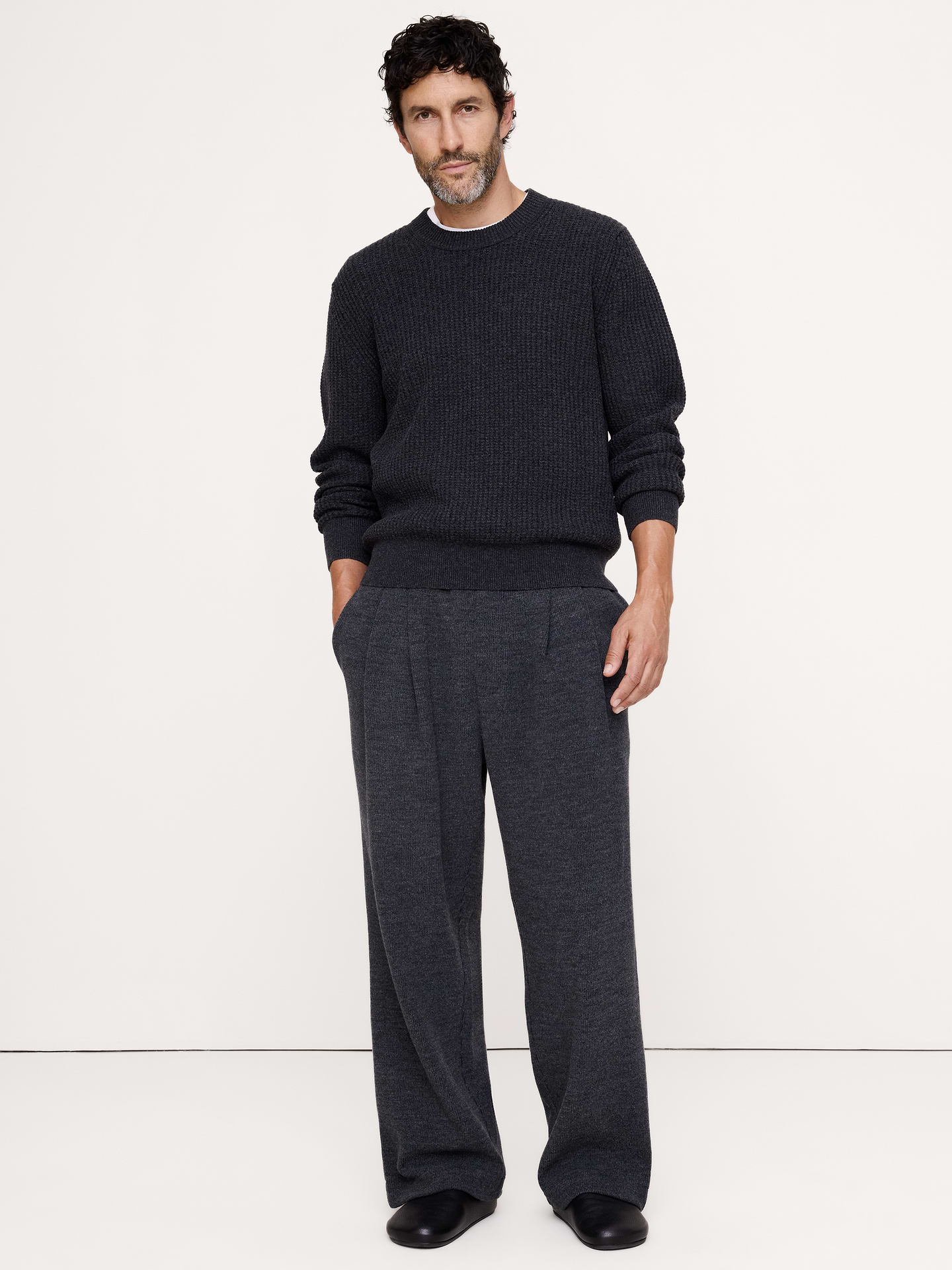 Image 1 of 5, Effortlessly cool, these puddle pants are crafted from plated wool-blend for visual depth and chill-weather appeal. Plus, we added a structured waistband with hidden drawstrings for that "made-for-you" fit., Relaxed fit: Mid-rise. Relaxed fit through hip and thigh with a straight leg. Puddle hem., Elastic waistband (pull-on) design. Pleated waist., Drawstring closure., Side and single back pocket., Unlined., Product #1180475