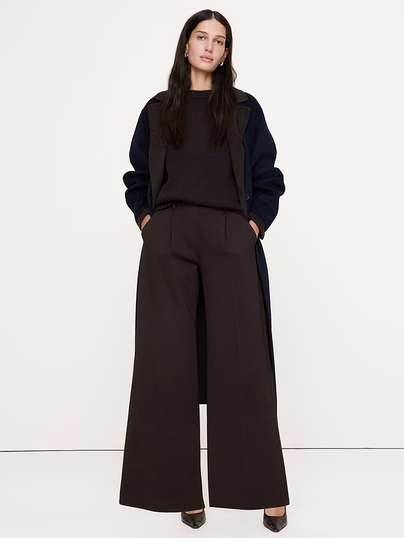 High-Rise Wide-Leg Drapey Ponte Pull-On Pant