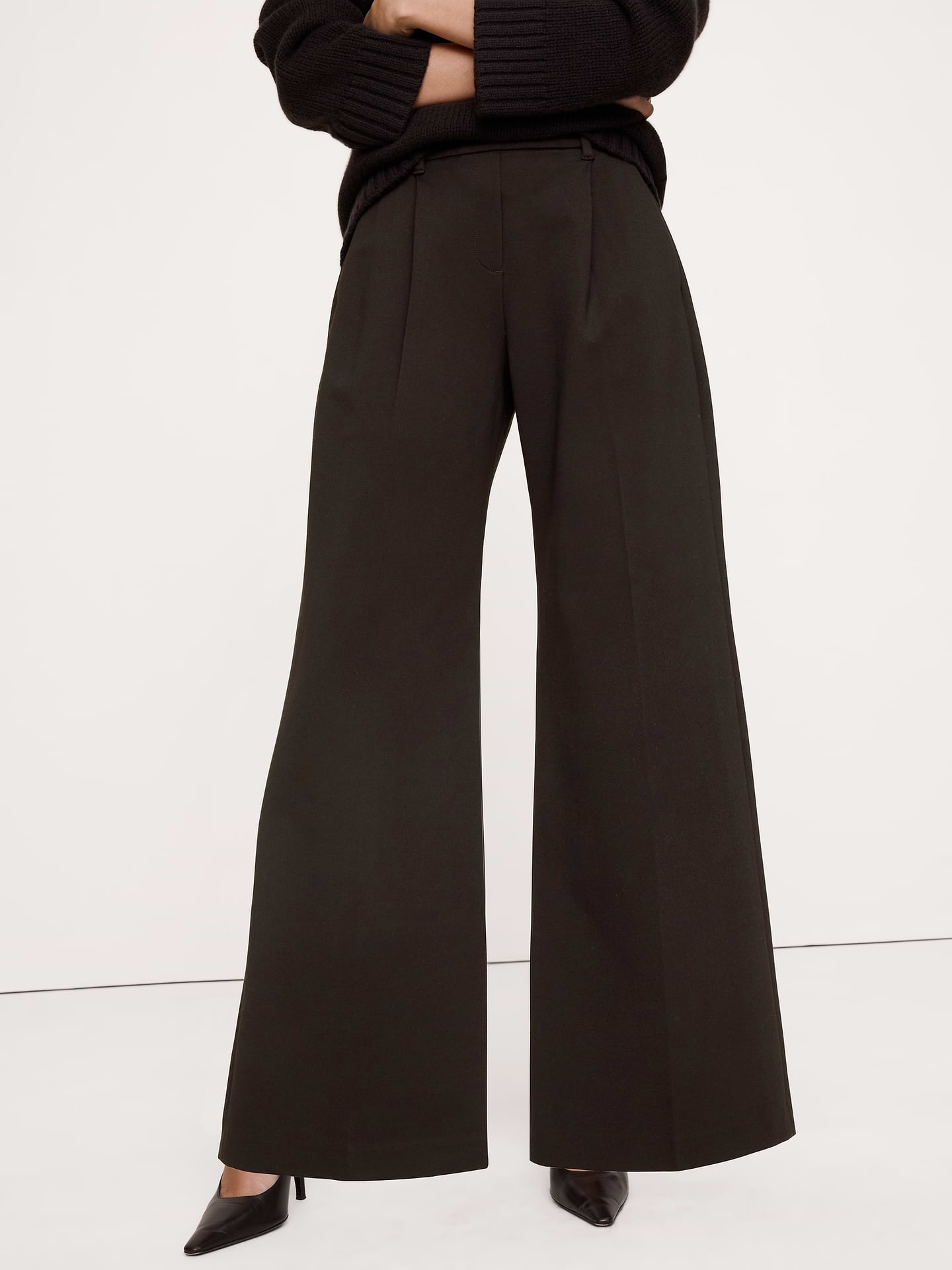 Image 4 de 8, Pantalon à taille haute élastique, jambe large, en tricot point de Rome fluide
