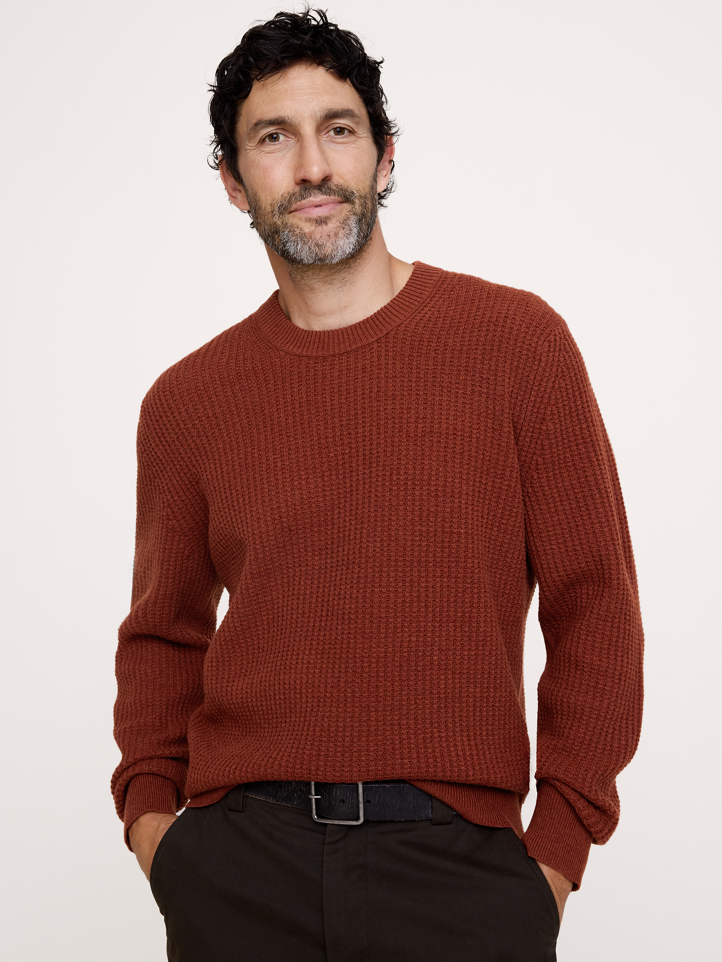 Image 1 of 3, A classic crew-neck sweater crafted from a luxe Merino wool blend with waffle-stitch detail., Standard Fit: A straight and easy fit., Fabric from Italy's Filpucci mill., Crew neck., Straight hem., Product #906738