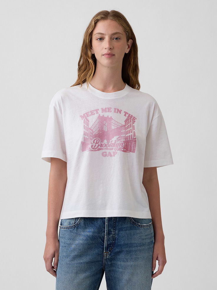 Image 1 of 5, Soft jersey knit., Dropped shoulder, short sleeves., Crewneck., Graphic at front., Product #1182533