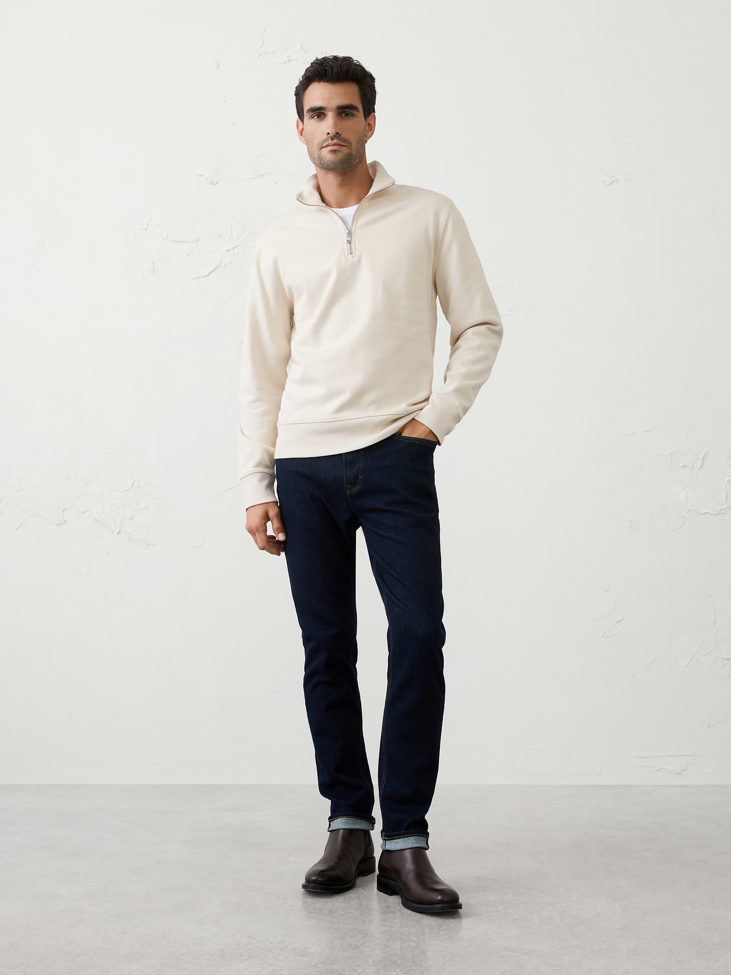 Image 1 of 4, Crafted from midweight fleece brushed for exceptional softness and warmth, this sweatshirt delivers all‑day comfort with a cozy feel. Perfect for layering or wearing on its own, it’s an easy essential for cooler weather., Mock collar. Long sleeves., Ribbed cuffs and hem., Made exclusively for Banana Republic Factory., Product #1176080