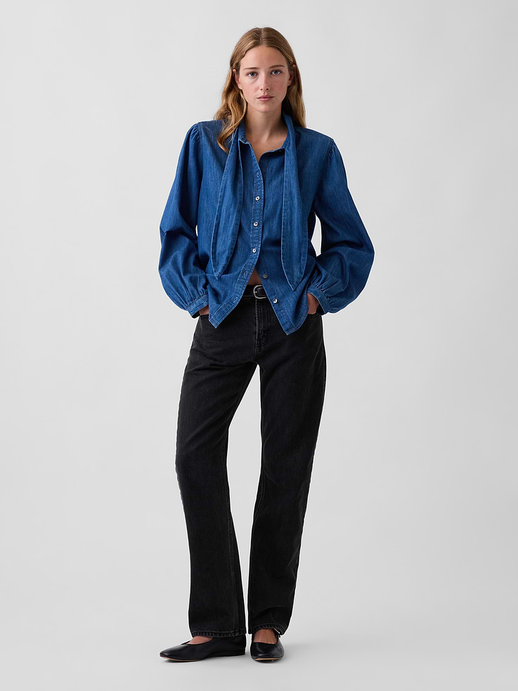 Image 2 of 5, Denim Tie-Neck Shirt