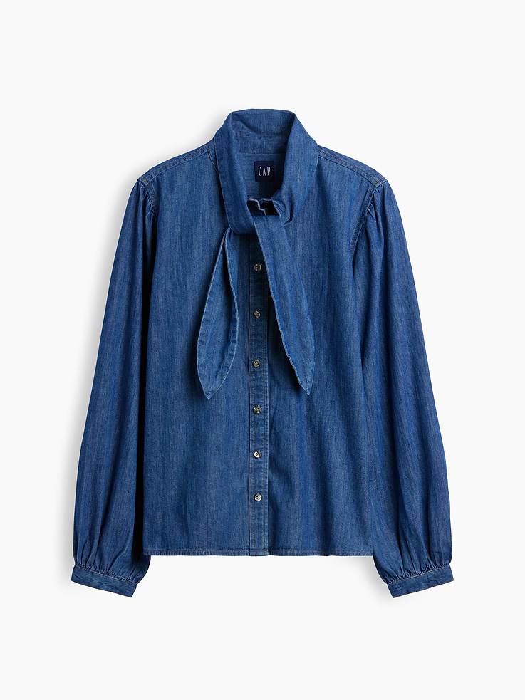 Image 5 of 5, Denim Tie-Neck Shirt
