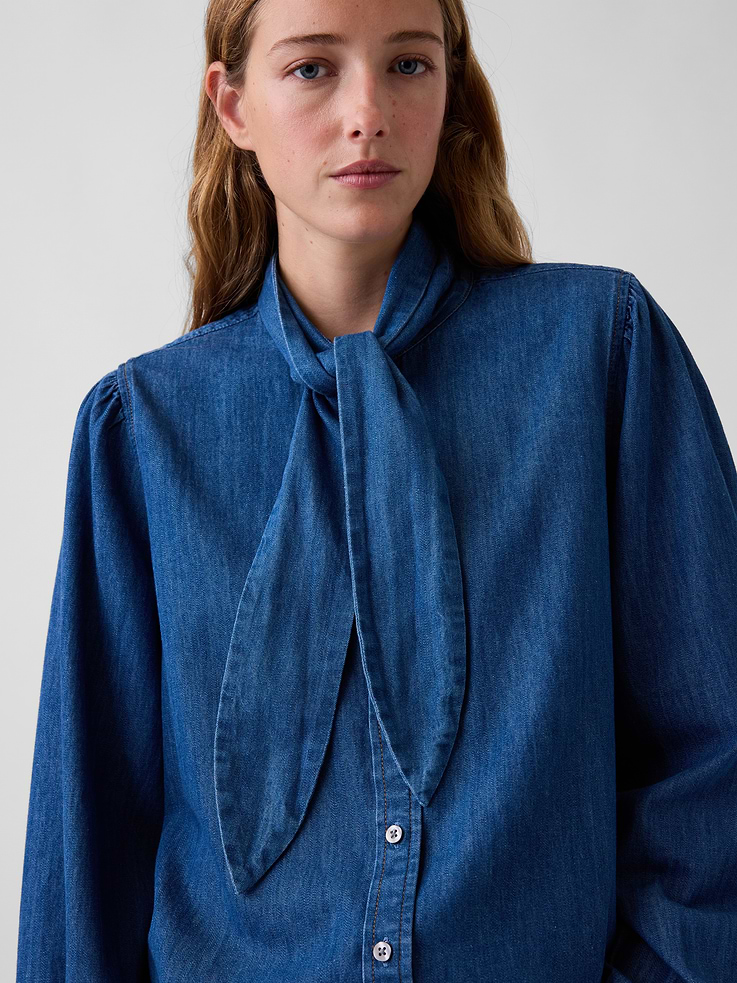 Image 4 of 5, Denim Tie-Neck Shirt