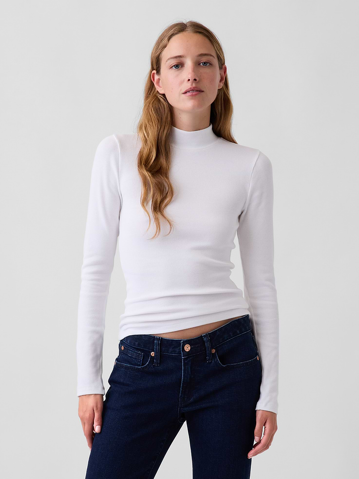 Image 1 of 4, Soft, ribbed stretch knit T-shirt. In a slightly cropped length., Mockneck., Long sleeves., Product #1185705