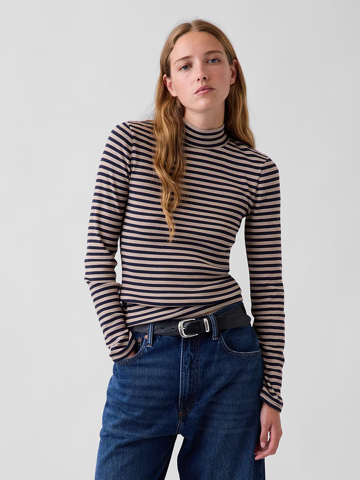 Image 1 of 5, Soft, ribbed stretch knit T-shirt. In a slightly cropped length., Mockneck., Long sleeves., Product #1185705