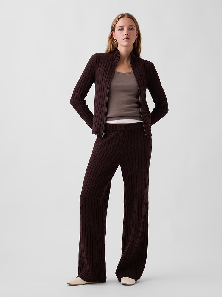 Image 1 of 6, Supersoft cable-knit cotton-blend sweater pants. In a relaxed fit., Elasticized waist., Ribbed hem., This product was made in a factory that invests in gender equity and women’s empowerment through RISE. Learn more at gapinc.com/equity ., Product #1186085