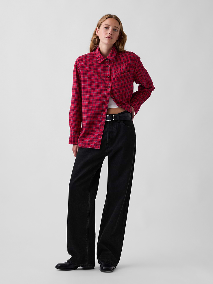 Image 2 of 5, Oversized Straight-Hem Flannel Shirt