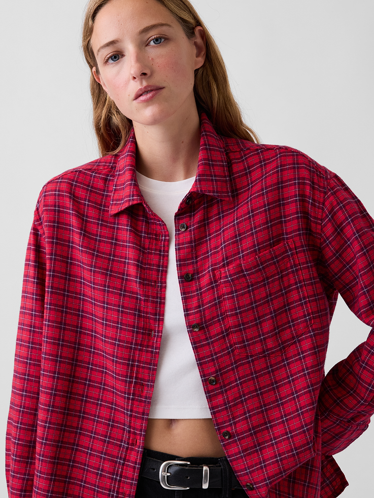 Image 4 of 5, Oversized Straight-Hem Flannel Shirt
