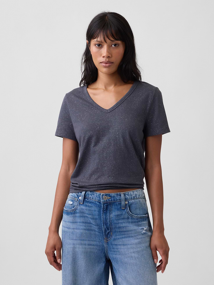 Image 1 of 5, Soft jersey knit., Short sleeves., V-neck., Allover glittery sparkle., This product was made in a factory that invests in gender equity and women’s empowerment through RISE. Learn more at, Product #1187227