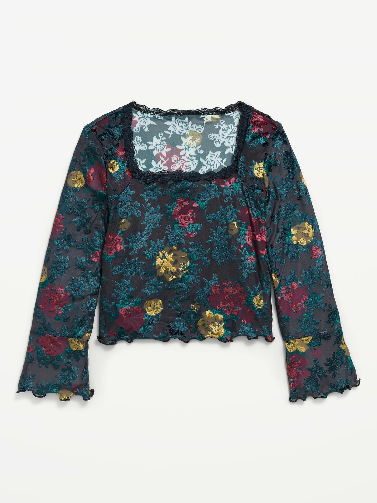 Image 2 of 4, Long-Sleeve Floral Velour Top for Girls