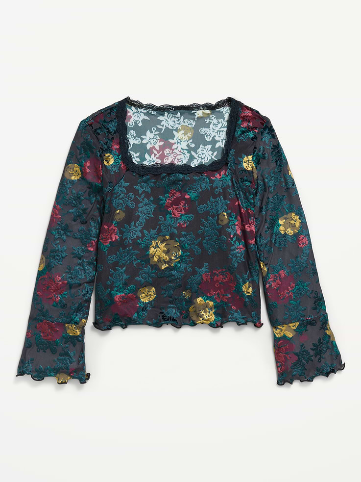 Image 2 of 4, Long-Sleeve Floral Velour Top for Girls