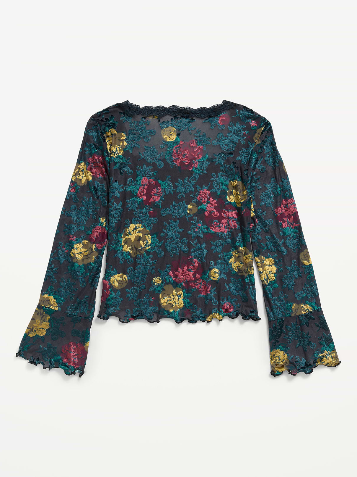 Image 3 of 4, Long-Sleeve Floral Velour Top for Girls