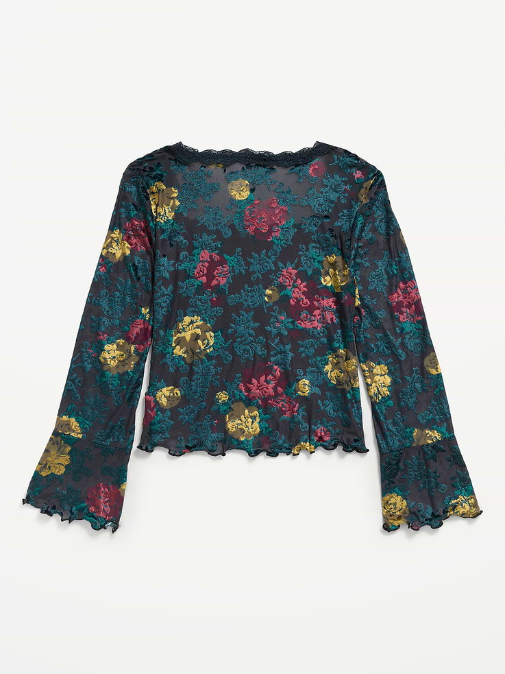 Image 3 of 4, Long-Sleeve Floral Velour Top for Girls