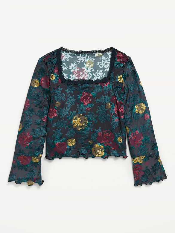 Long-Sleeve Floral Velour Top for Girls