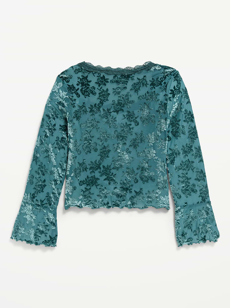 Image 3 of 4, Long-Sleeve Floral Velour Top for Girls