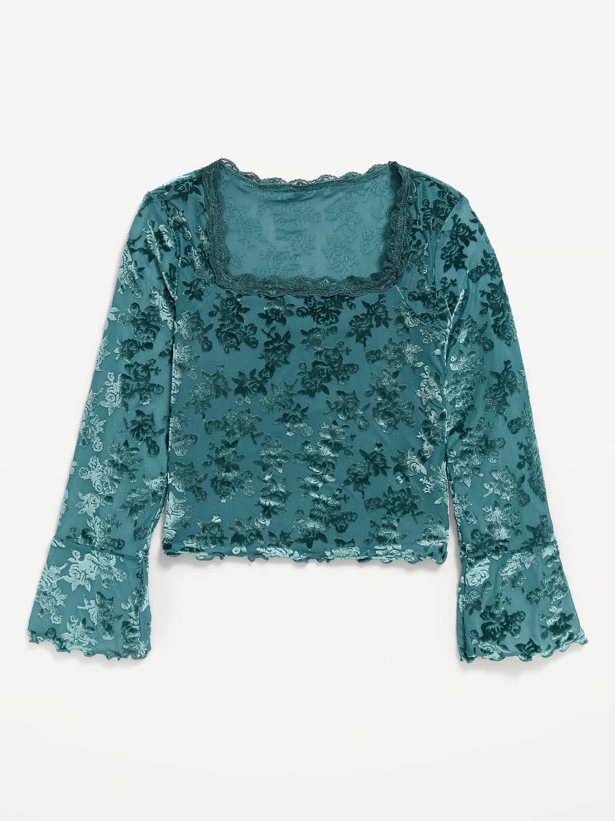 Image 1 of 4, square neck, lace-trim in neckline, long sleeves, tonal floral pattern, Product #1181554
