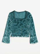 Image 1 of 4, square neck, lace-trim in neckline, long sleeves, tonal floral pattern, Product #1181554
