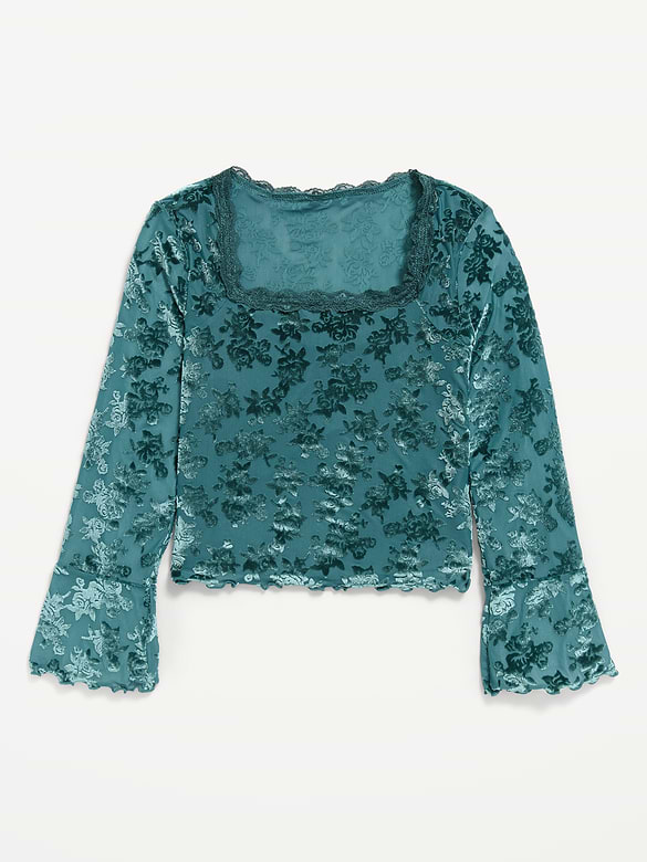 Long-Sleeve Floral Velour Top for Girls