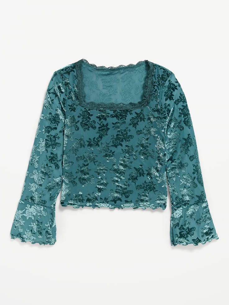 Image 1 of 4, square neck, lace-trim in neckline, long sleeves, tonal floral pattern, Product #1181554