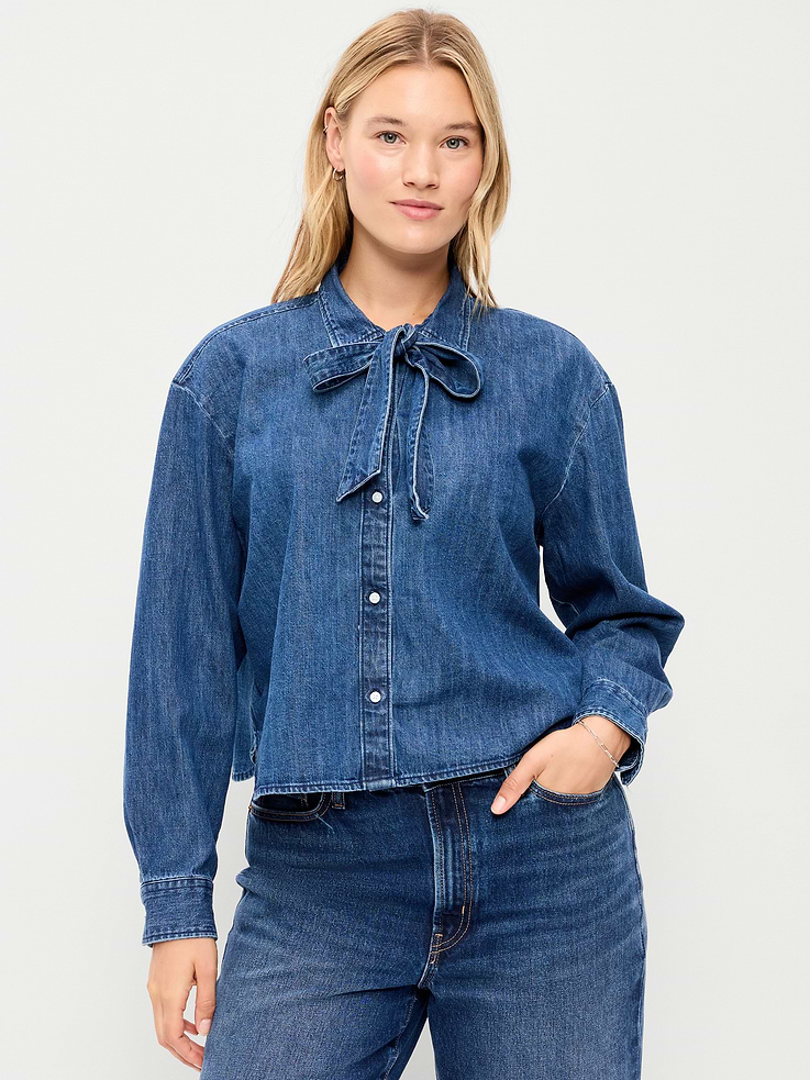 Image 5 of 6, Long-Sleeve Tie-Neck Button-Down Shirt