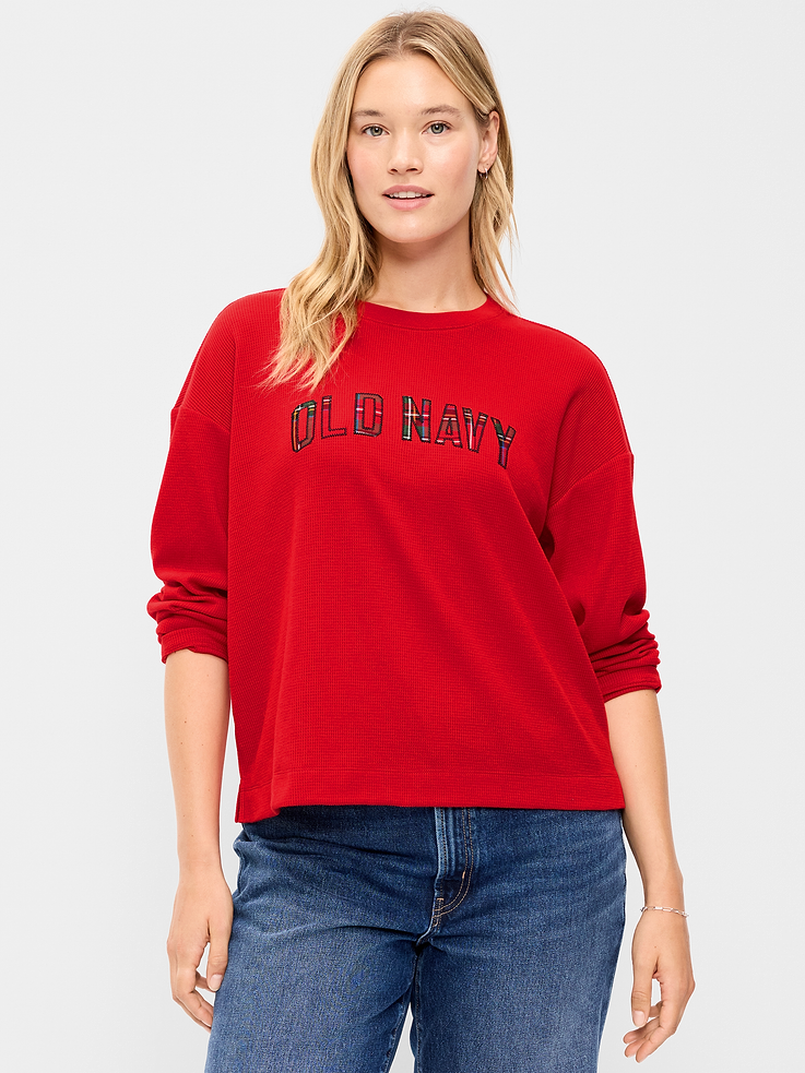 Image 4 of 7, Vintage Long-Sleeve Waffle Knit Crew-Neck T-Shirt