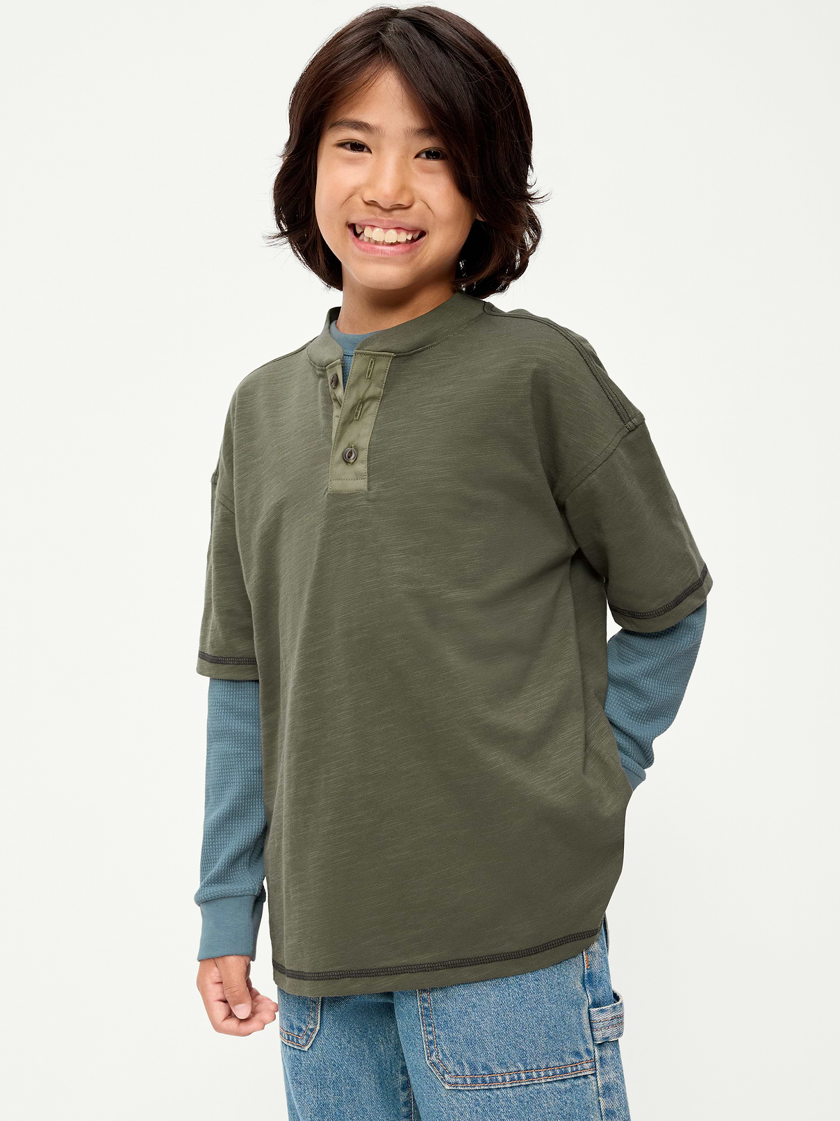 Image 1 of 2, crew neck, short sleeves, three-button henley placket, Product #907364