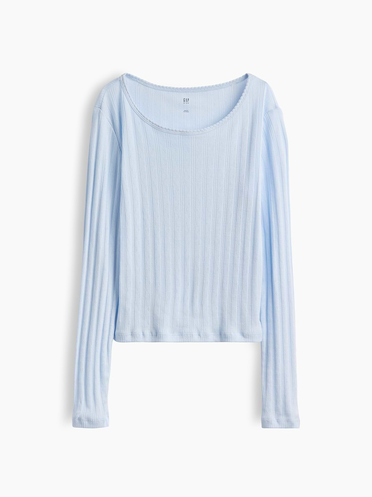 Image 1 of 3, Soft pointelle knit cotton T-shirt., Scoop neck with scalloped edge., Long sleeves., Product #1183085