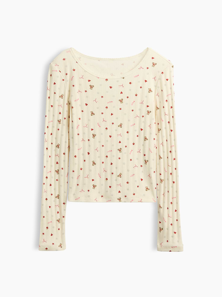 Image 1 of 4, Soft pointelle knit cotton T-shirt., Scoop neck with scalloped edge., Long sleeves., Product #1183085