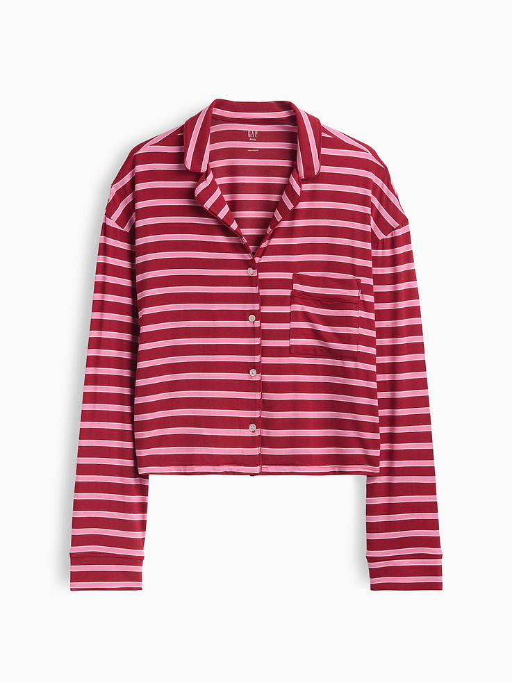 Image 1 of 3, The modal PJs of your dreams. Buttery soft. Naturally cool. With a little stretch. For sleeping, lounging, comfortably., Superoft stretch modal pajama button-up top. In a relaxed fit and cropped length., Notch collar., Long sleeves., Button front., Chest patch pocket., Piping detail at edges., Certain styles have an allover print., Product #907135