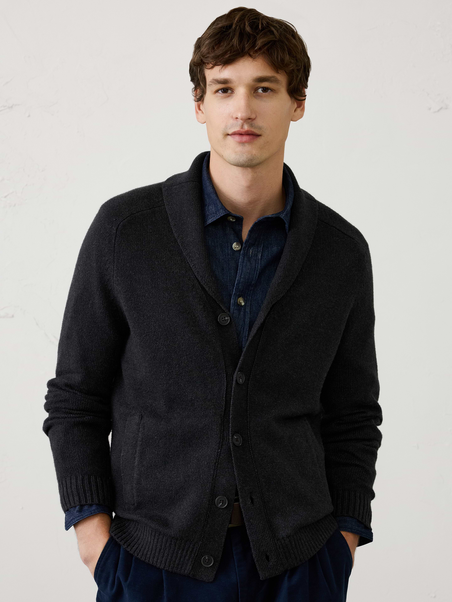 Image 1 of 3, Our lofty yarn gives this shawl‑collar cardigan an incredibly soft, plush feel that's perfect for colder weather. The cozy shawl neckline brings warmth and sophistication, while side‑entry pockets, saddle shoulders, and ribbed trim complete this effortlessly distinguished layering piece., Ribbed shawl collar. Long sleeves., Button‑front closure., Vertical welt front pockets., Ribbed cuffs and hem., Made exclusively for Banana Republic Factory., Product #1175531
