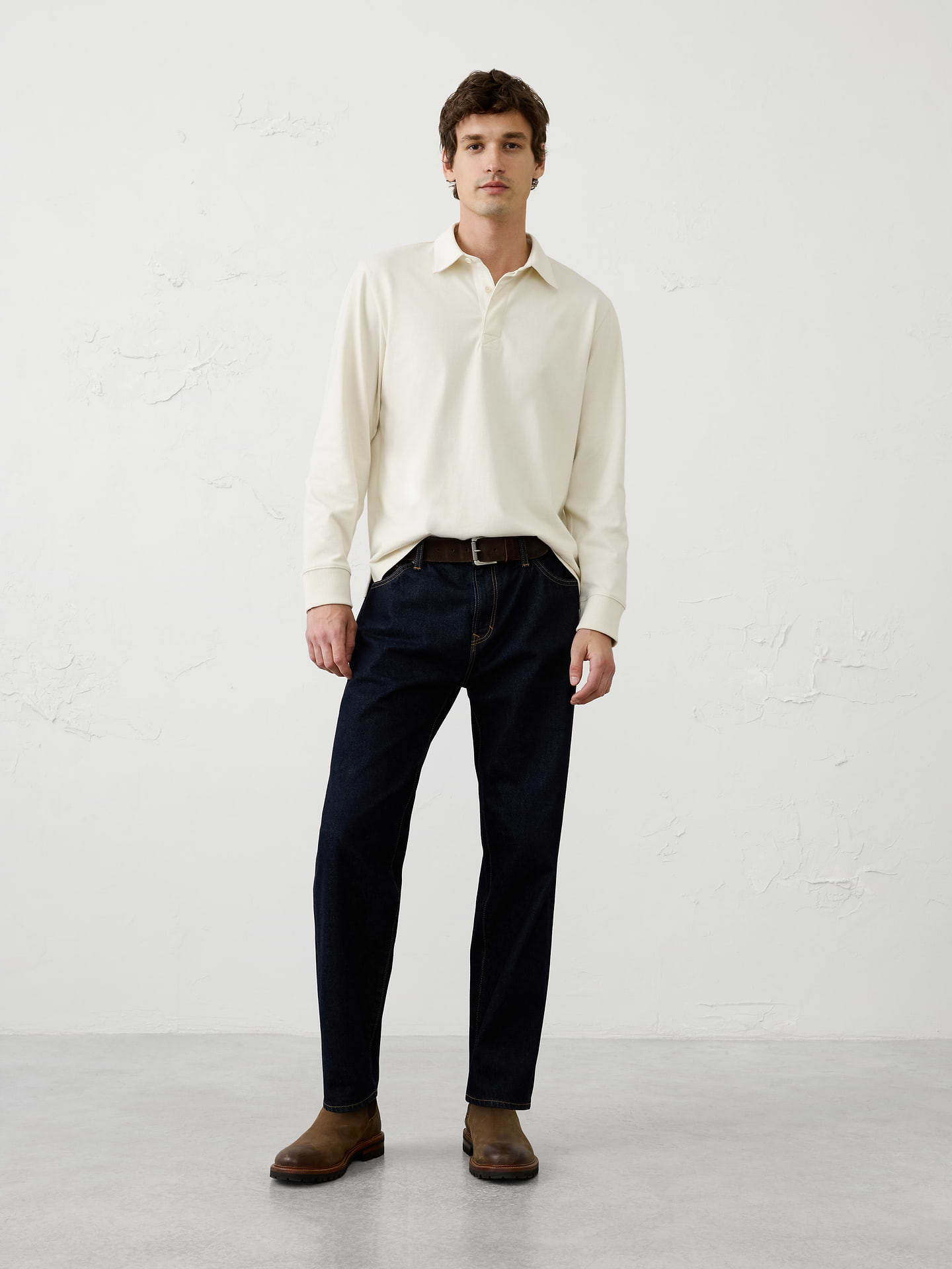 Image 1 of 8, Classic rugby silhouette pairs effortlessly with denim, chinos, and casual trousers., Rugby collar with hidden button placket. Long sleeves with ribbed cuffs., Straight hem with side seam vents., Made exclusively for Banana Republic Factory., Product #1176092
