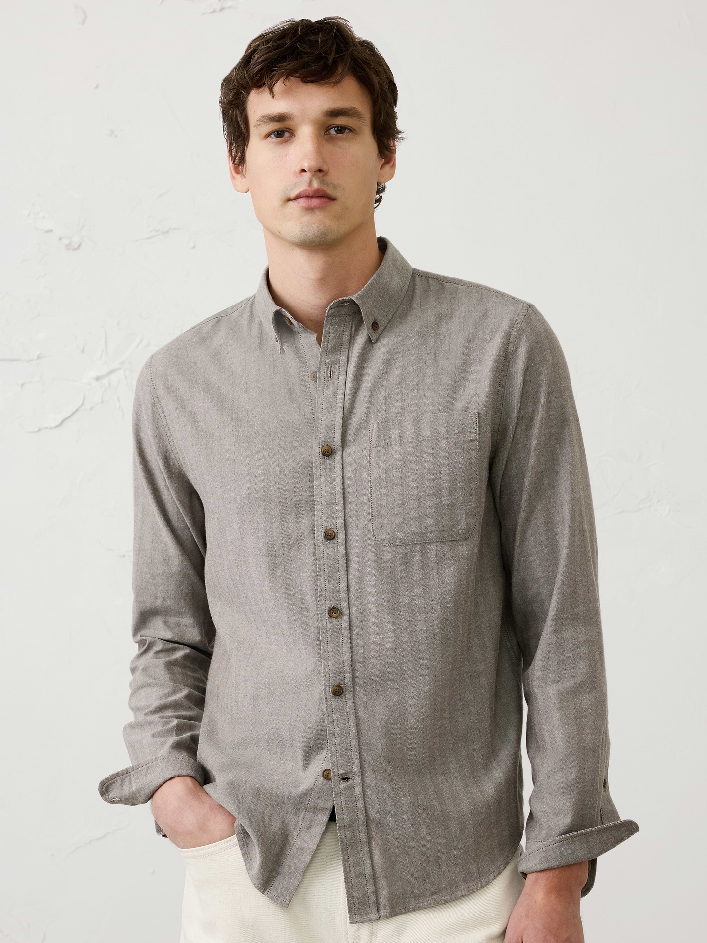 Image 1 of 3, A lightweight flannel designed for seasonal transitions, offering the softness and classic pattern of traditional flannel without the bulk. Easy to layer and versatile across a range of everyday looks., UNTUCKED: Designed with a shorter hemline to hit right at the hips., Button down collar. Long sleeves with adjustable double-button barrel cuffs and button vents., Button‑front closure., Chest pocket., Back yoke., Shirttail hem., Made exclusively for Banana Republic Factory., Product #1175888