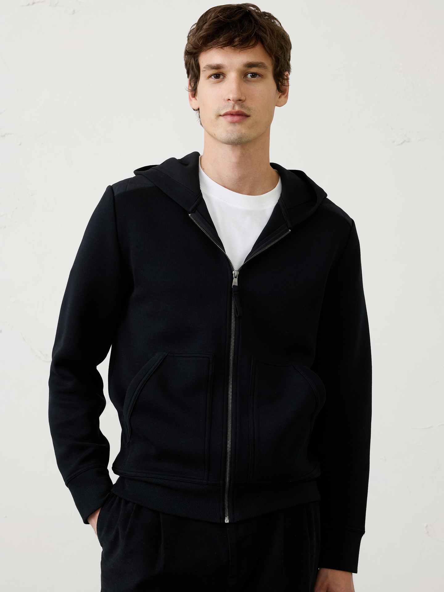 Image 1 of 4, Cozy meets cool in this elevated essential. Crafted from our customer‑favorite knit with a thick, sweatshirt‑like feel, this piece is perfect for colder days. Updated with quilted patch detailing for added texture and visual interest, it brings a modern mixed‑media look while delivering the same comfort and warmth you know and love., Attached hood with soft jersey lining. Straddle stitch on back of hood detail., Quilted shoulder yoke., Full‑zip front closure., Angled patch front pockets., Ribbed cuffs and hem., Quilted back yoke., Straight hem., Made exclusively for Banana Republic Factory., To view a copy of this product’s label, copy the style number below and search this database Law Label Lookup <, Product #1176095